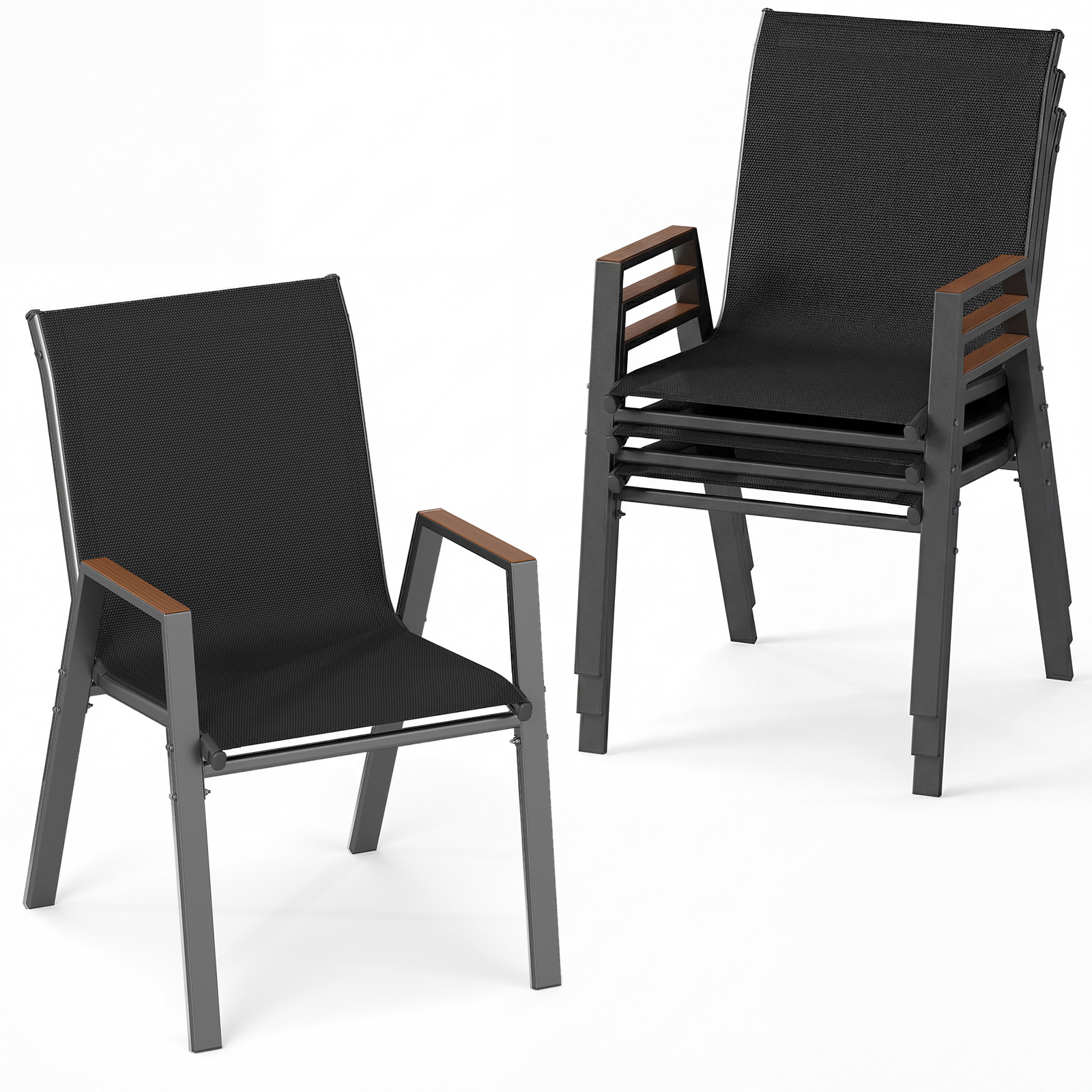   stackable patio chairs set of 4 outdoor breathable fabric dining chairs with high backs and wood plastic armrests for backyard poolside deck and garden 400 lbs weight capacity