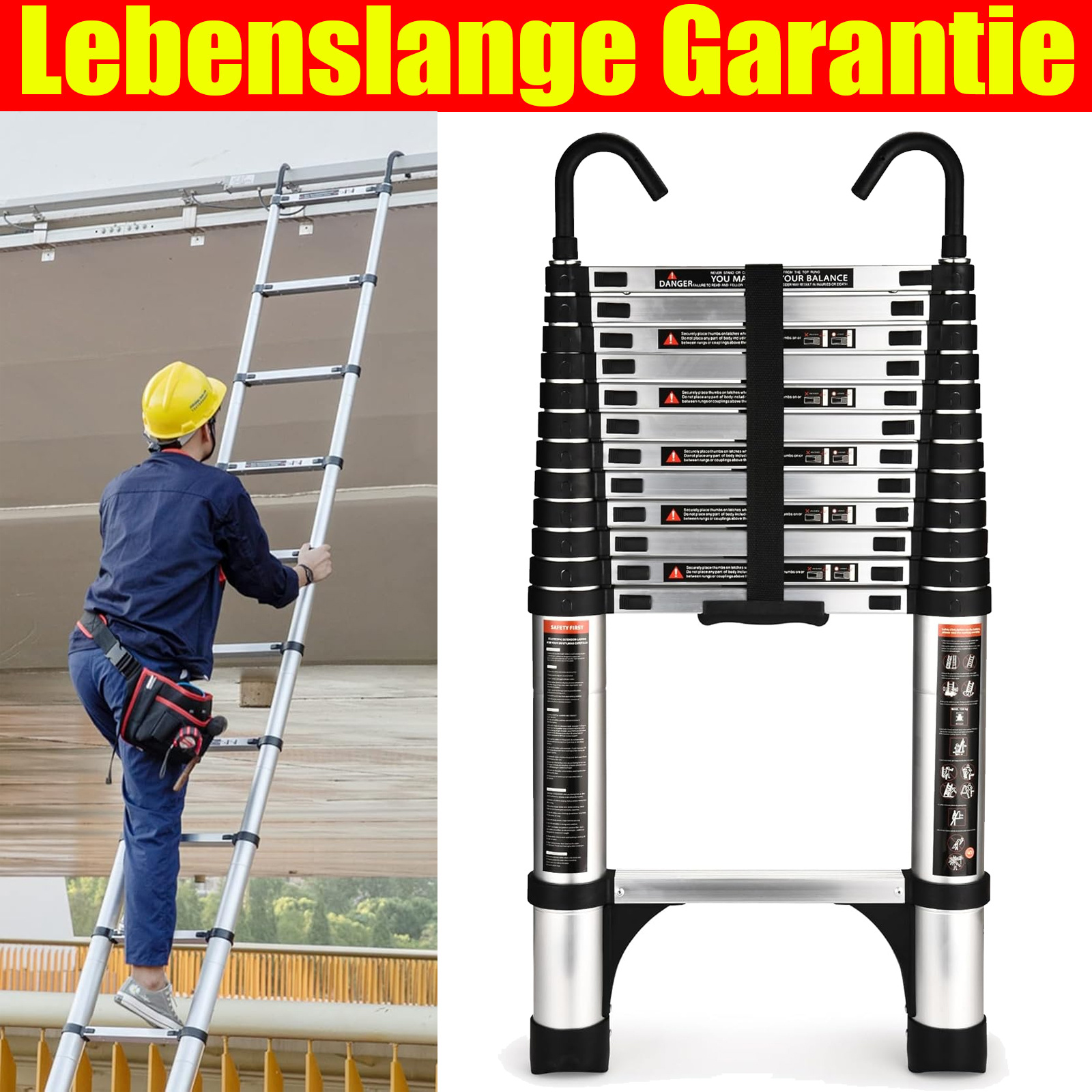16.5 Ft Telescoping Ladder Telescopic Ladder With 2 Detachable Hooks, 5m Collapsible Ladder Ladders For Home Use And Outdoor Collapsible Ladder For Rv, Household Ladders, 330 Lb Capacity