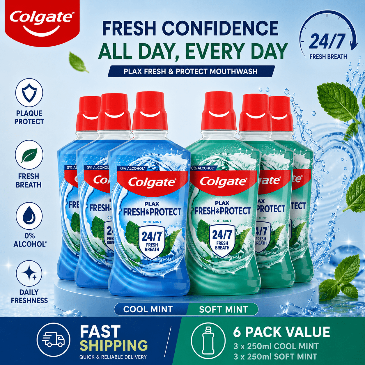 Colgate Plax Fresh & Protect Mouthwash 6 Pack 3 Mint 3 Mint 250ml Multipack: retailer-supplied image