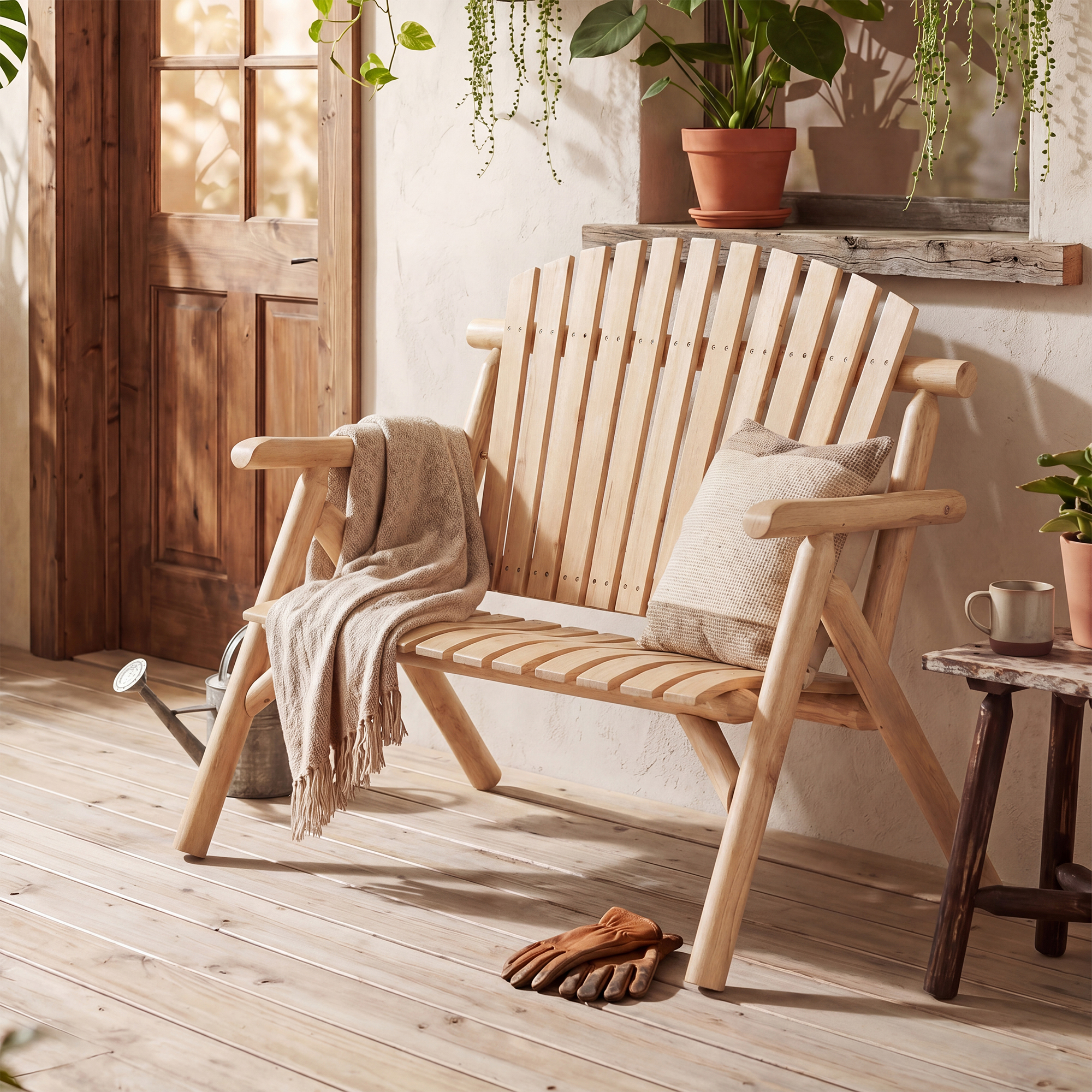 Image of Solid Wood Garden Bench, Outdoor Wooden Bench With Backrest, Armrests And Curved Seat, Patio Bench For 2 People