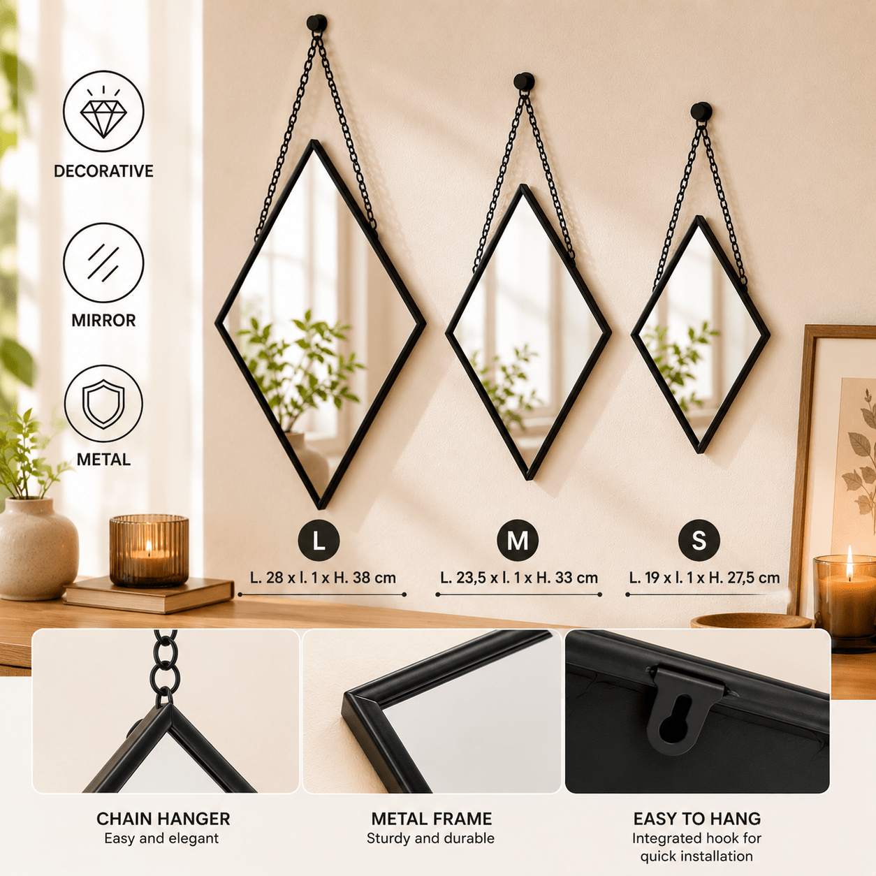 TEMU Lot de 3 Miroirs Muraux Noir en Métal – Décoration Murale Moderne avec Chaîne