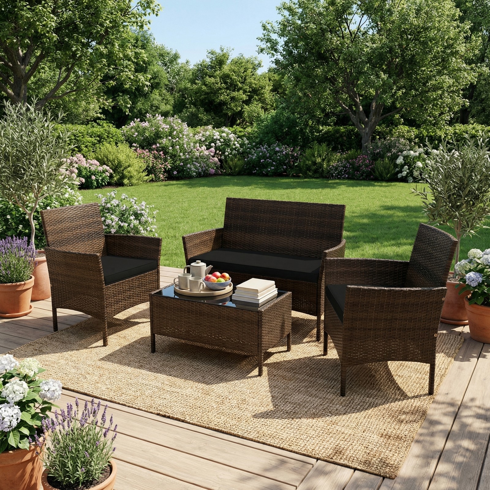 Image of 4pcs Patio Rattan Conversation Set, Outdoor Wicker Furniture Set W/ Chair, Loveseat & Tempered Glass Table, Cozy Seat Cushions, Outside Sectional Sofa Set For Backyard, Porch