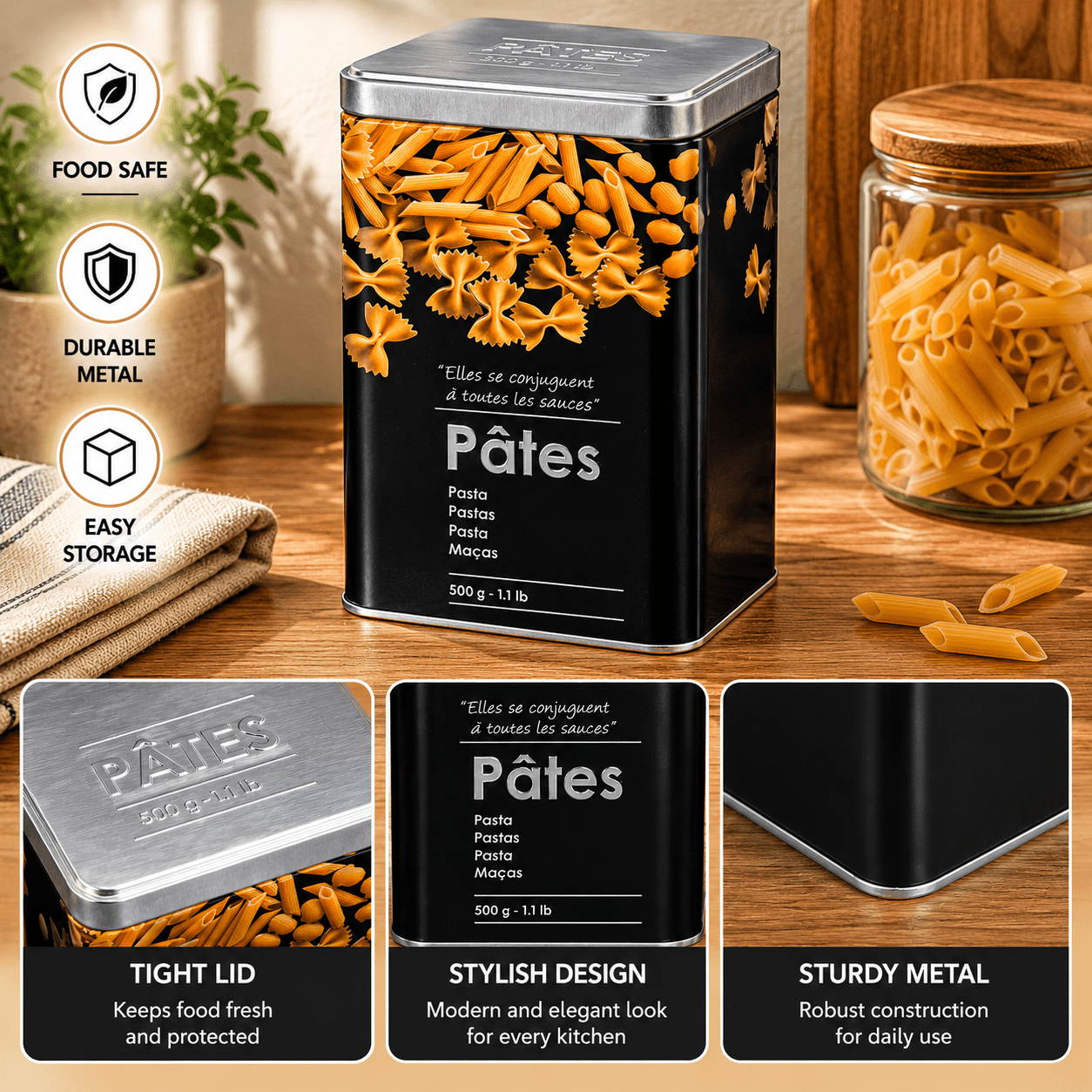 TEMU Boîte Alimentaire Métal Noir pour Pâtes – Pot de Rangement Cuisine avec Couvercle