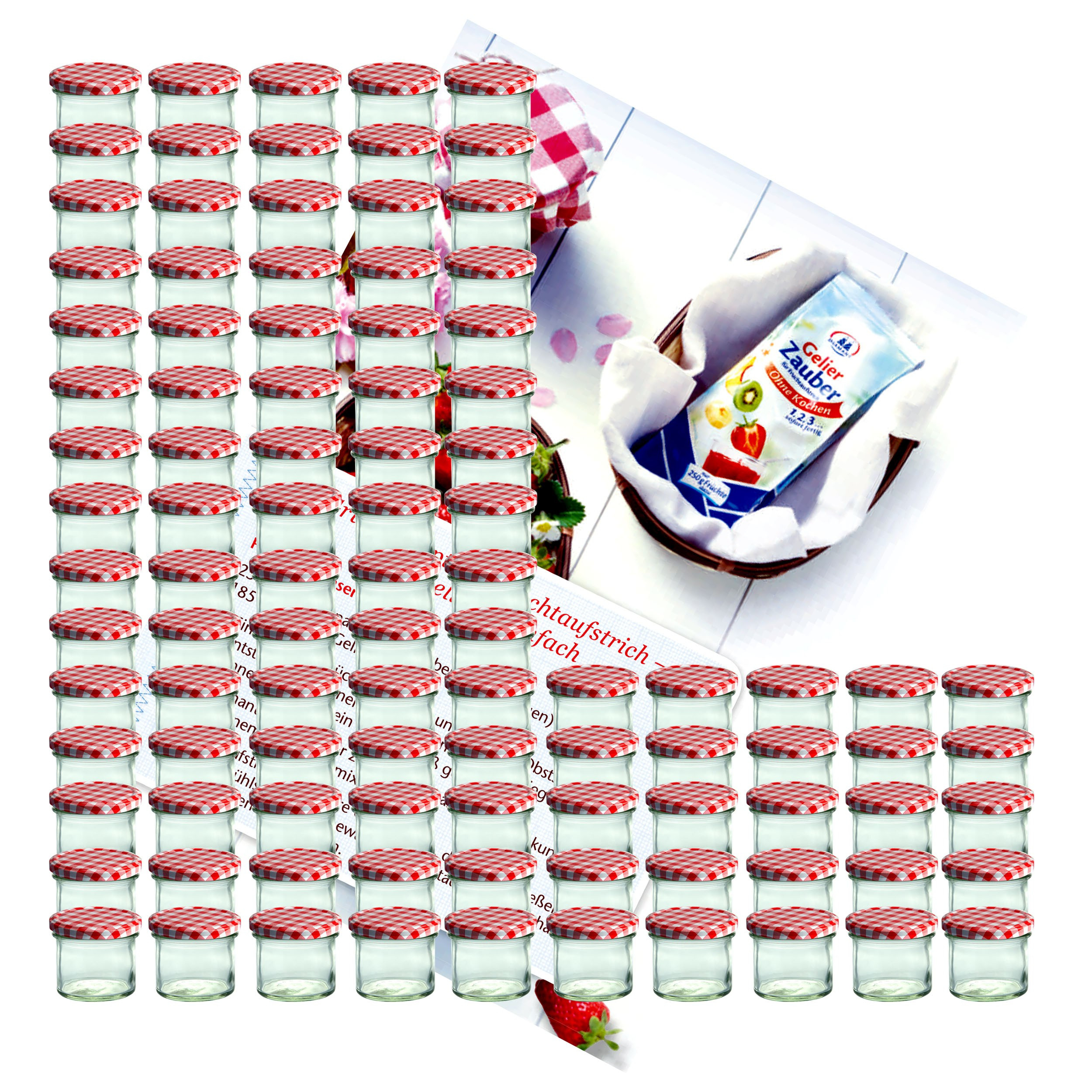 Image of 100pcs Set Of Tumblers 125 Ml Preserving Jar + Red Checkered Lid To 66 + Recipe Booklet