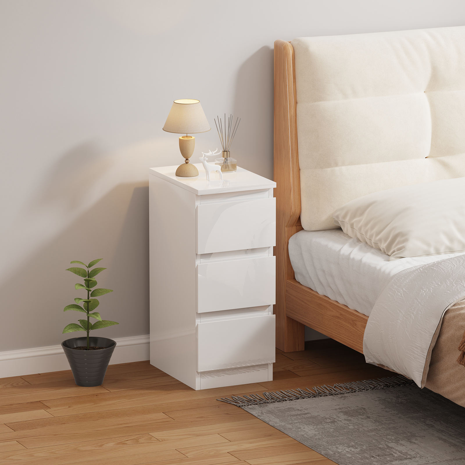 Image of Bedside Table With 3 Storage Drawers, Slim Nightstand Cabinet For Bedroom, Small Living Room End Table Side Table