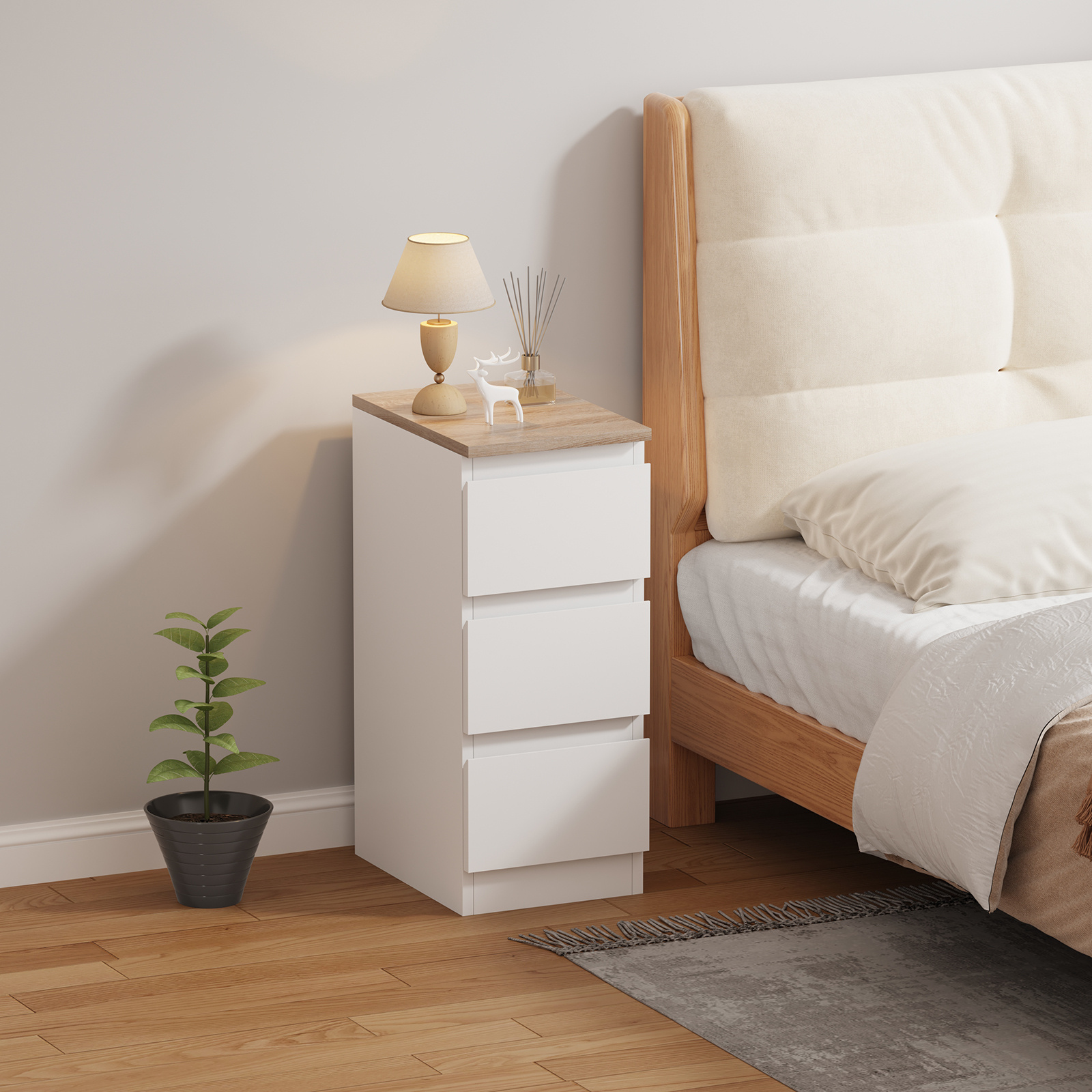 Bedside Table With 3 Storage Drawers, Slim Nightstand Cabinet For Bedroom, Small Living Room End Table Side Table