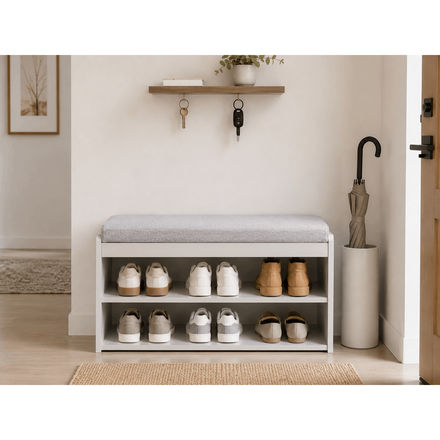 Image of Shoe Bench With Seat Cushion, 76 X 30 X , Bench With Storage, Shoe Rack With Seat, Gray 2-tier Shoe Rack For Hallway, Entryway