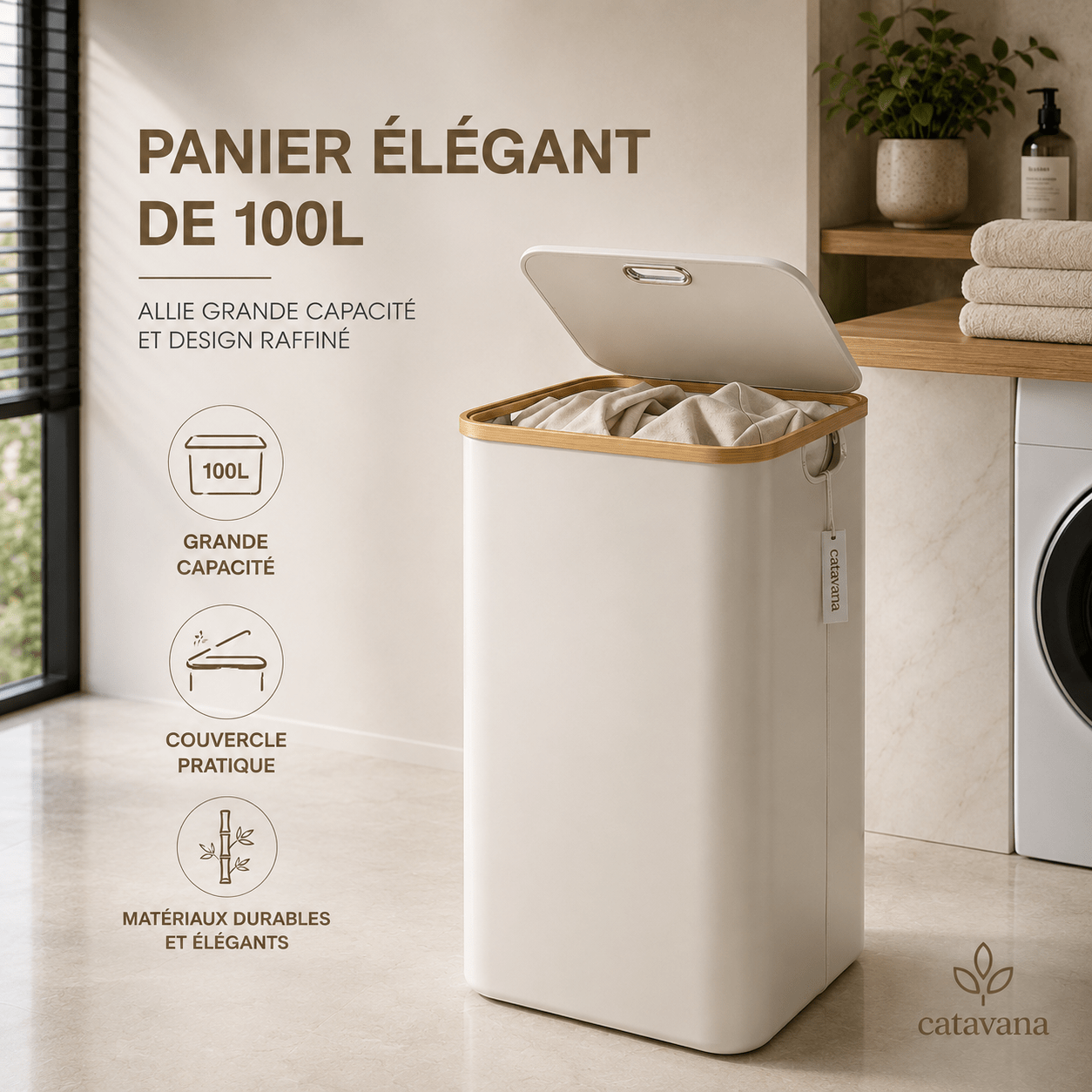 TEMU – Panier à Linge en Bambou Beige avec Couvercle – Corbeille à Linge 100 L avec Double Sacs et Poignées – Bac de Rangement pour Salle de Bain,