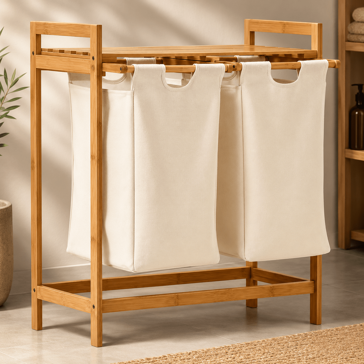 TEMU - Cesto per il Bucato in Bamb羅 - 2 Scompartimenti in Tessuto (30 L ciascuno) - per Bagno e Lavanderia - Dimensioni: 64 x 33 x 73 cm - :