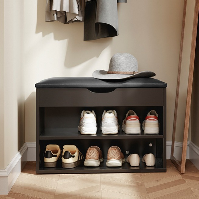 Image of Shoe Bench With Seating Area, Shoe Rack, Hallway Bench With Storage Space 3in1 Black 30cm Deep For Small Apartments, Entrance Area, Bedroom 60x30x43cm Sobuy Fsr25-sch