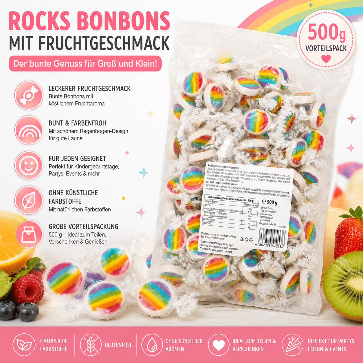 Image of Rocks Rainbow Candies 500 G – Fruity Hard Candies With Colorful Rainbow Design – Individually Wrapped Colorful Fruit Candies – Candy Mix For Parties, Candy Bars & Birthdays