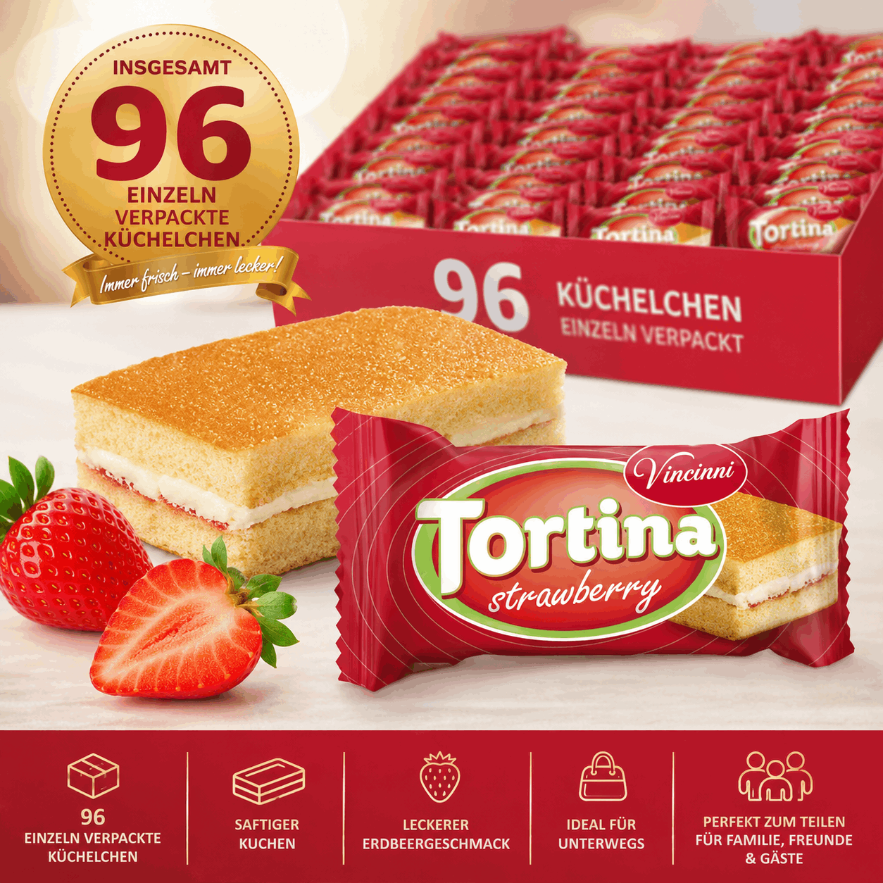 Image of 96x Tortina Strawberry Cakes Individually Wrapped – Summer Snack Delight For Family, Vacation, Picnic & Party