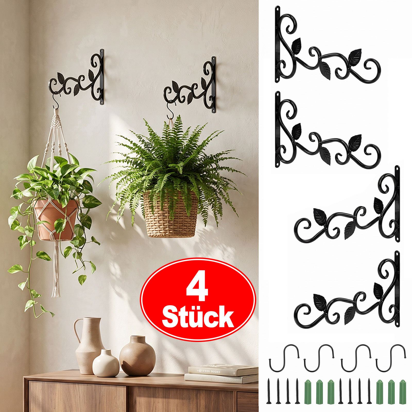 4-piece Metal Flower Basket Holder Set, Wall Hooks With Screws & Plugs & S-hooks In Black For Balcony And Garden - Multi-piece Party Gift Set