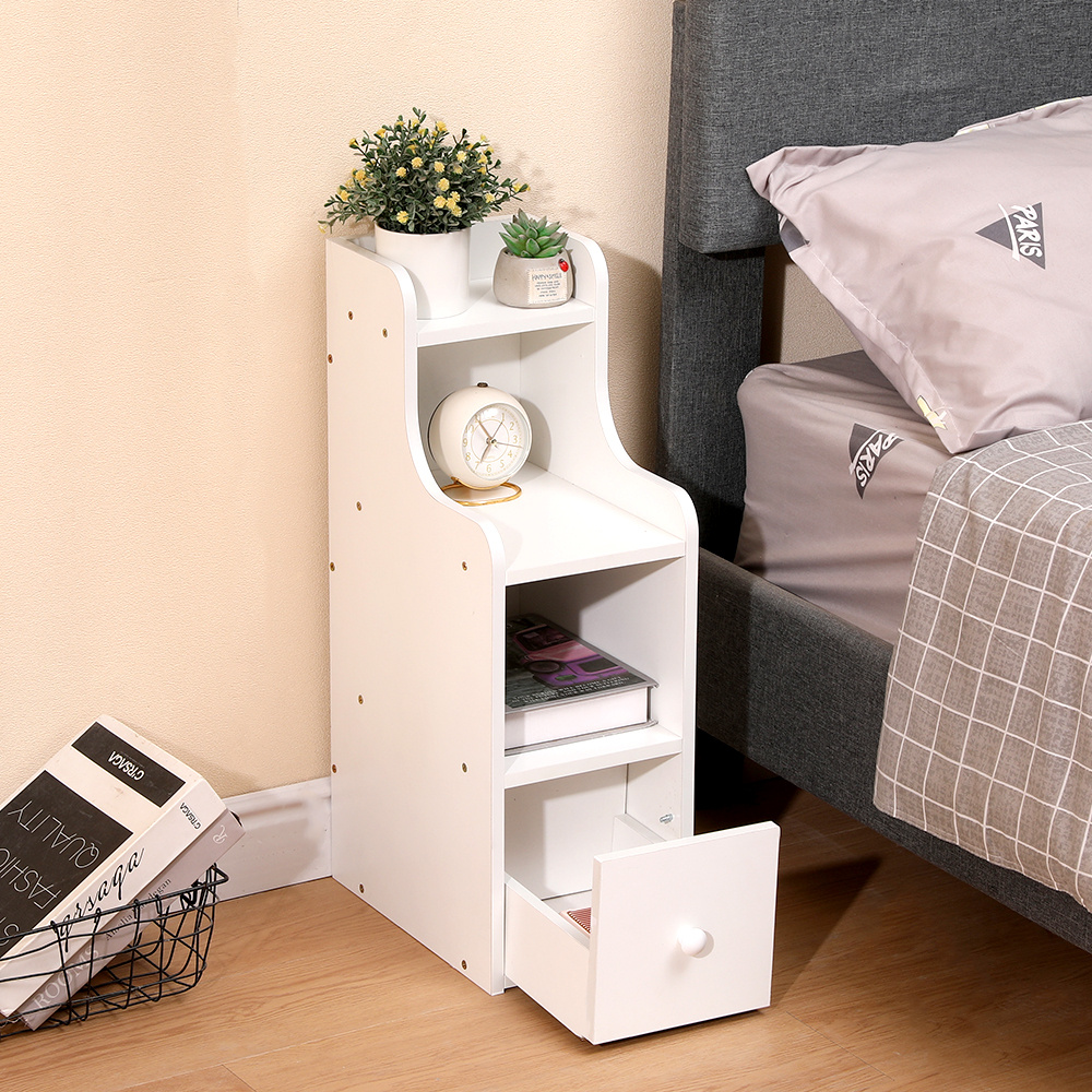 Narrow Bedside Table White With Drawer&open Shelf, Slim Table Cabinet 20cm For Small Space, Nightstand End Side Table For Bedroom