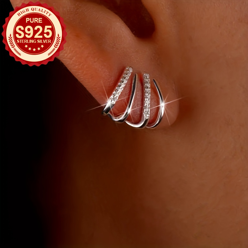 Image of 925 Silvery Earrings For Women With Four-prong Setting, , Shiny Synthetic Zirconia, Perfect For Parties And , Ideal For , Hypoallergenic.