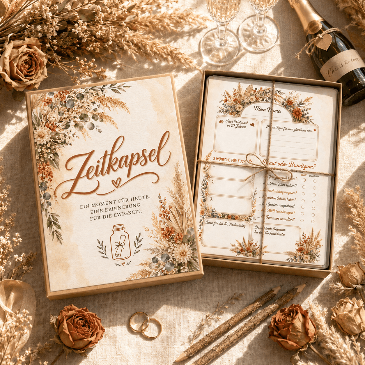 Image of 50x Time Capsule Boho Wedding Cards In German | Includes Box | Wedding Guest Game As An Alternative To Book | Wedding Party Game | Guest Book Cards | Size A6 (10.5cm X 14.8cm)