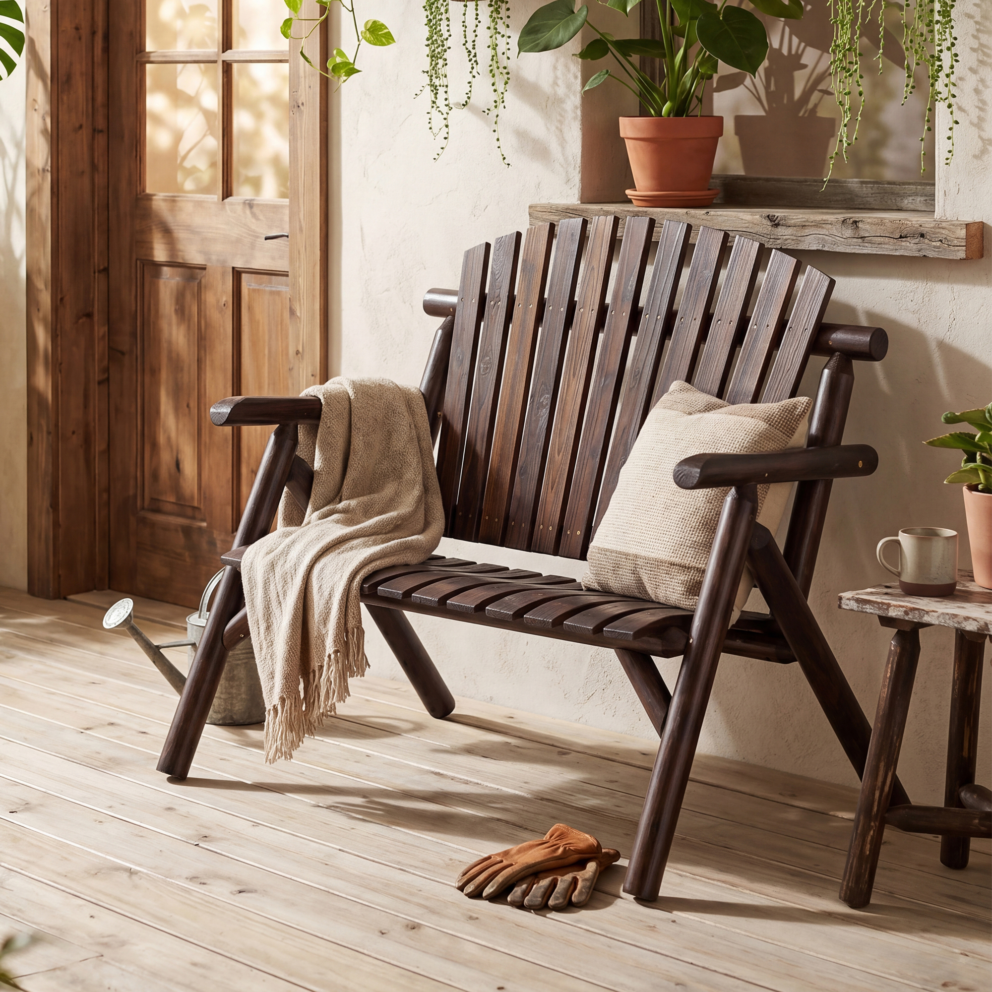 Solid Wood Garden Bench, Outdoor Wooden Bench With Backrest, Armrests And Curved Seat, Patio Bench For 2 People