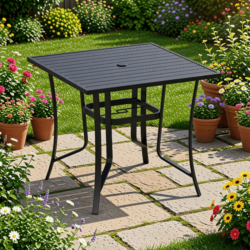 Image of 90cm Square Patio Table For 4, Outdoor Metal Dining Table With Umbrella Hole, Outside Bistro Dinner Furniture For Porch, Garden, Balcony And Backyard