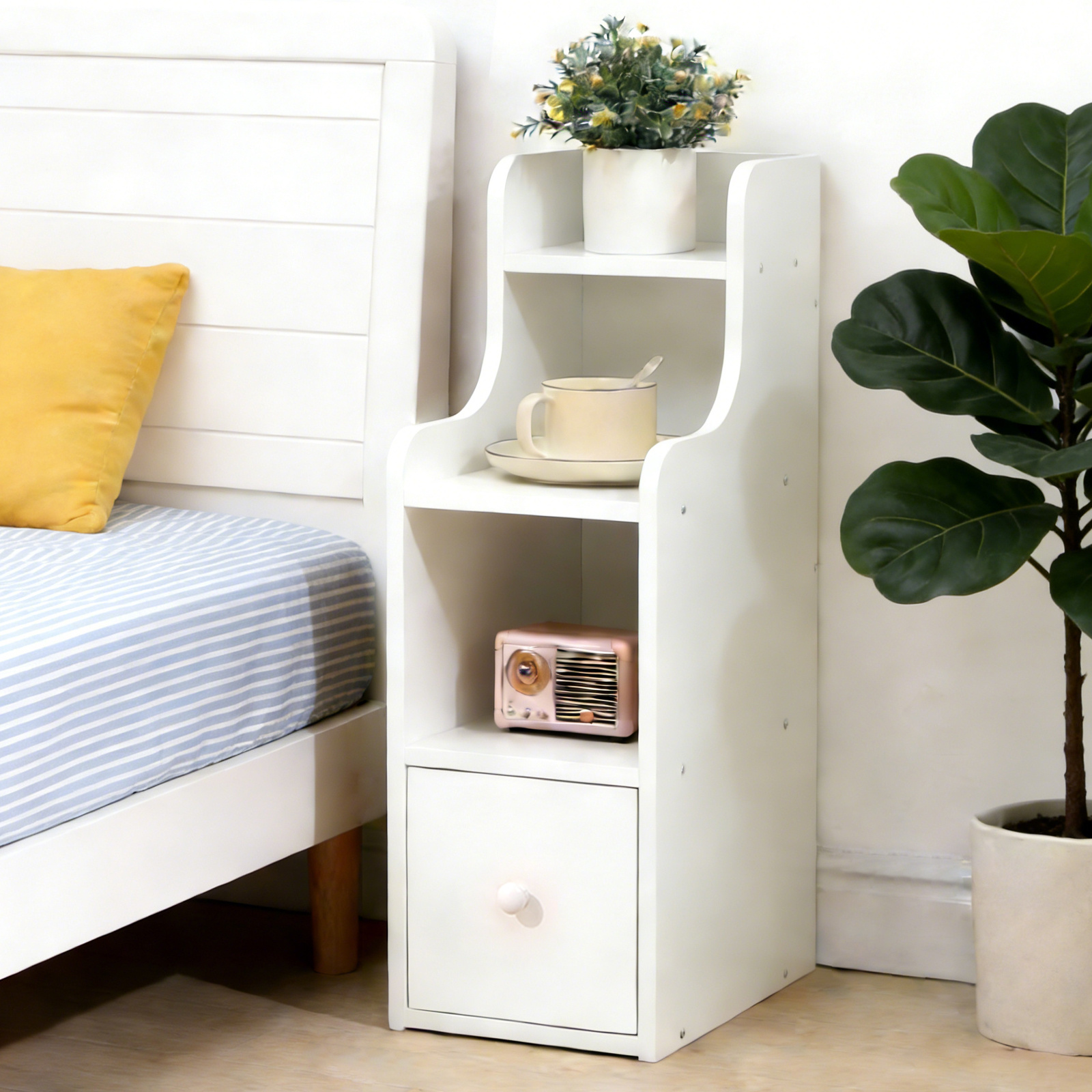 Slim Bedside Table With 1 Drawer 3 Shelves, Living Room Sofa Side End Table, Compact Wooden Lamp Table, Space- Telephone Table For Home Office Hallway, Narrow Nightstand For Bedroom