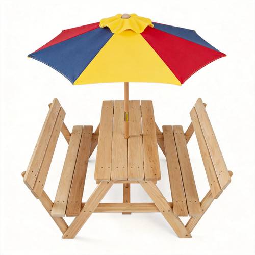 kids picnic table kids outdoor table with 2 built in benches backrest removable umbrella solid fir wood frame 2 ground stakes toddler bench dining table set for beach backyard indoors