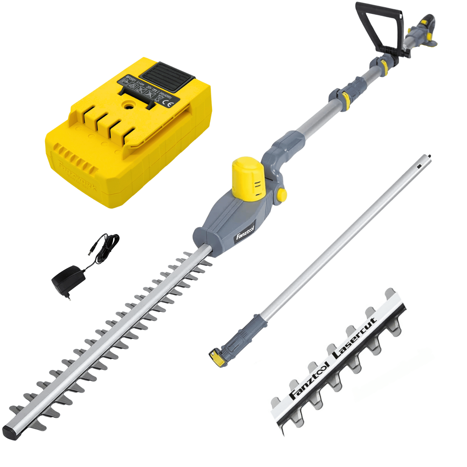 Image of Fanztool 20v Cordless Hedge Trimmer With Extension Pole, 450mm Cutting Length, 14mm Tooth , Up To 5m Range, Includes 2.0ah Battery And Charger