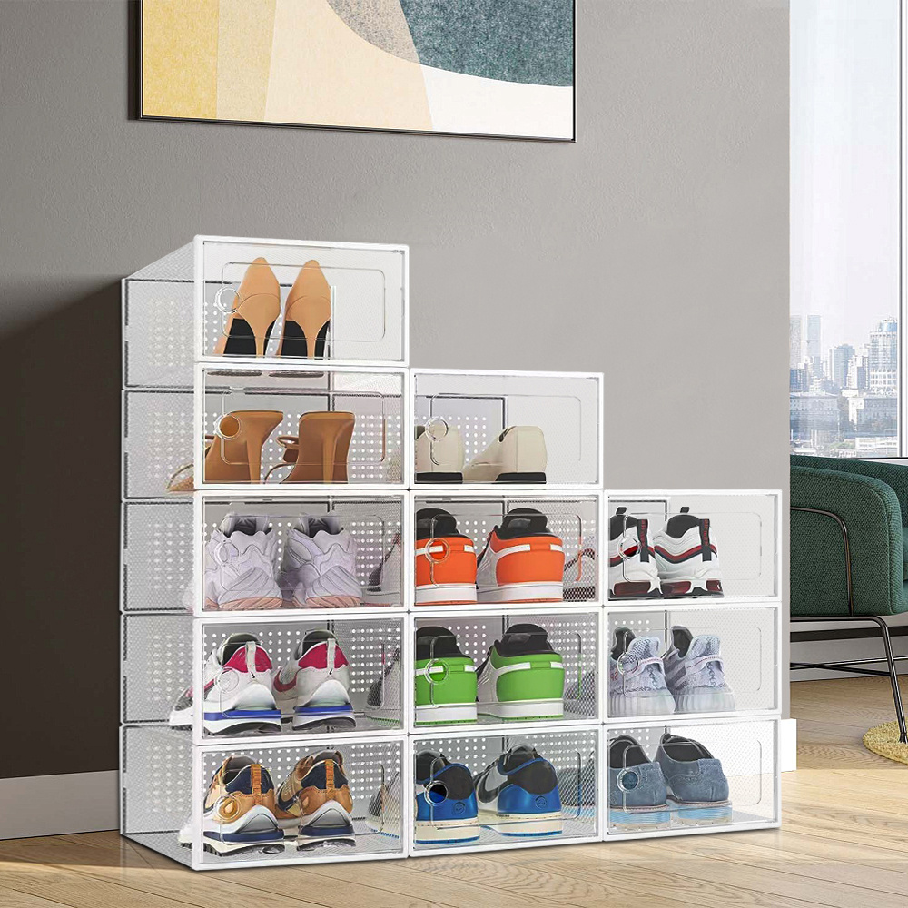 pack of 12 stackable shoe organizers shoe storage boxes with dustproof doors large shoe boxes transparent foldable shoe storage cabinet   saving shoe box under bed shoe containers versatile footwear containers holder for entryway closet dorm living room w23 x d33 x h14cm