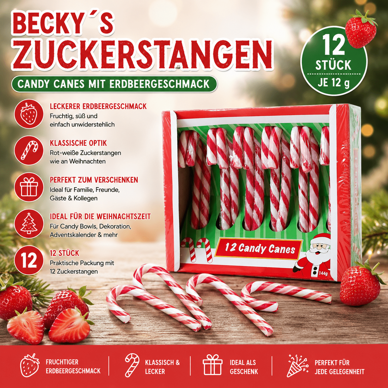 Image of Becky’s Strawberry Flavored Candy Canes, 12 Pieces, 12g Each – Red And White Sugar Sticks For Christmas – Sweet Christmas Candies For Advent Calendars, St. Nicholas & Christmas Decorations