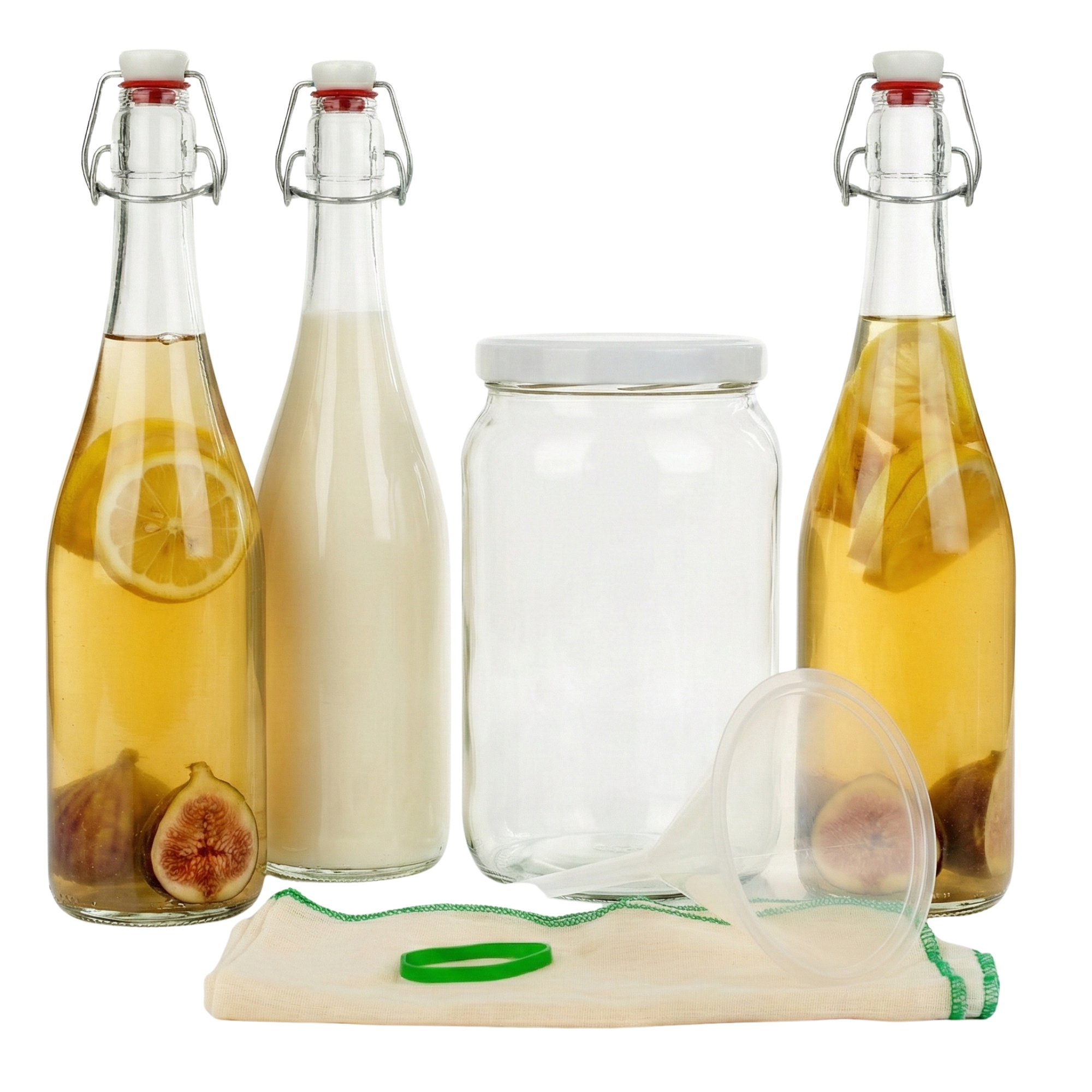 TEMU myFERMENTS – Kit de Boissons Probiotiques Maison | Bocal en Verre 2 L + 3 Bouteilles Hermétiques 750 ml | Avec 10 cm et Mousseline | Pour