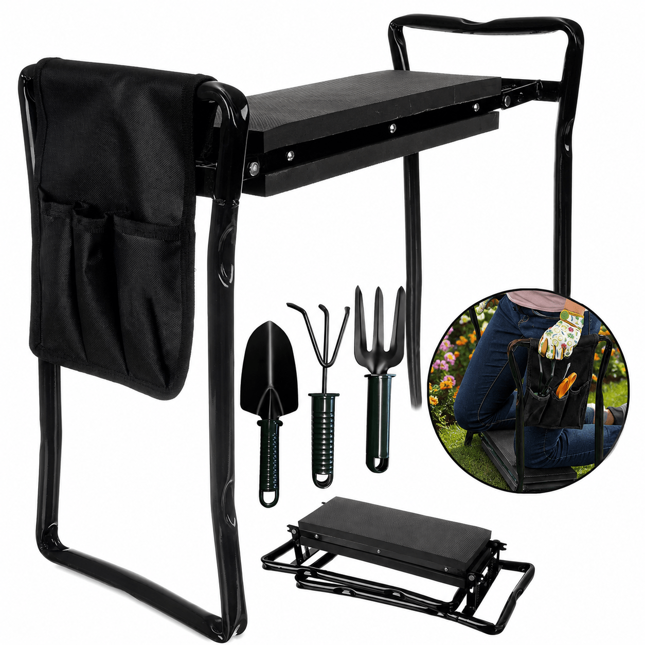 Set: Kneeling Bench + 3 Garden Tools + Tool Bag - Seat Bench For Gardening, Knee Cushion, Planting Stool, Knee Seat With Foam Cushion - Foldable, Padded, Joint-friendly - Up To 120kg, 59 X 27 X 48 Cm