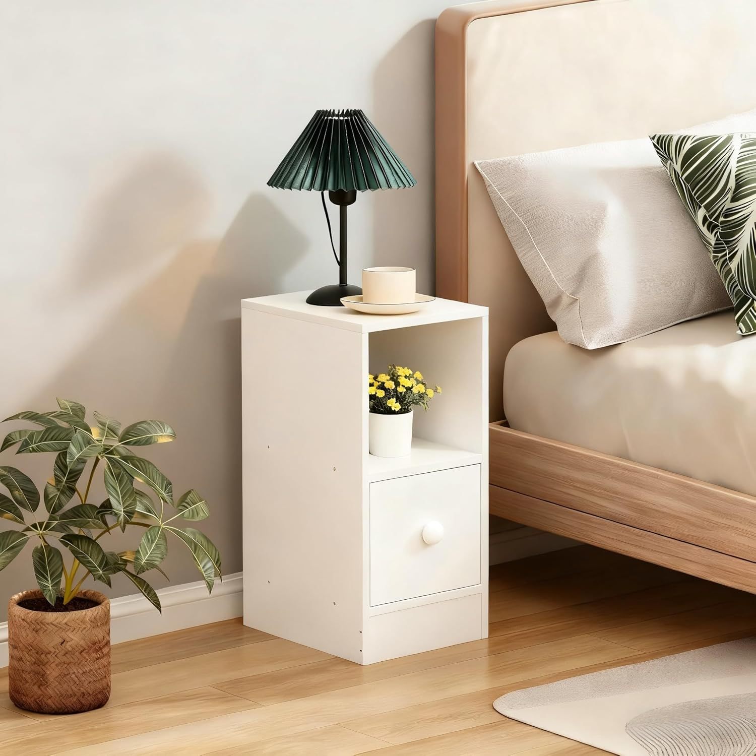 Bedside Table Cabinet With Drawer & Storage Space For Bedroom, Narrow Sofa Side Table End Table For Living Room, Nightstand
