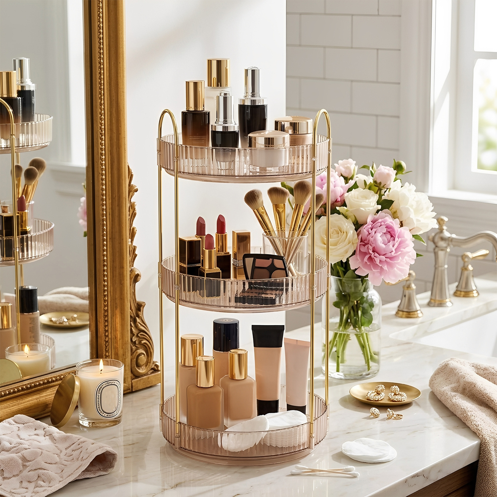 TEMU Makeup Organiser For Vanity, 360° Rotating Bathroom Organiser Countertop, High-capacity Skincare Organiser, Spinning Cosmetics Organiser For