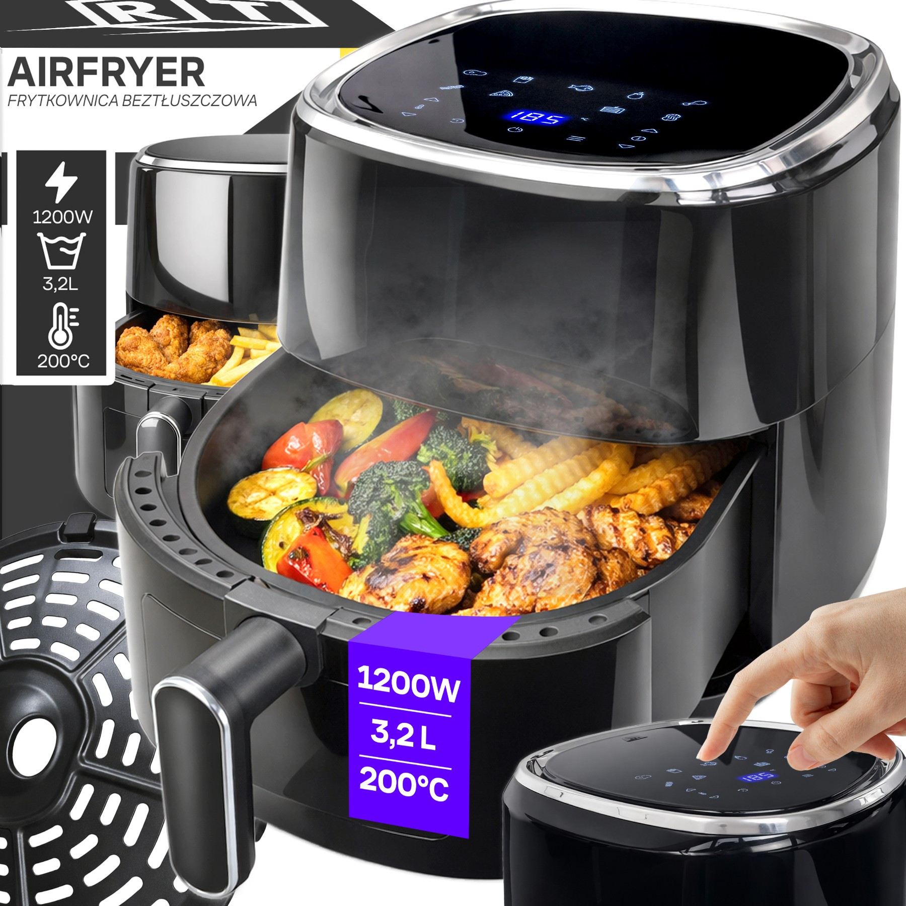 TEMU Friteuse à air, Friteuse graisse 3.2L Retoo Techpro 1200W, 10 de fonctionnement, Technologie à air chaud, Construction compacte, Utilisation