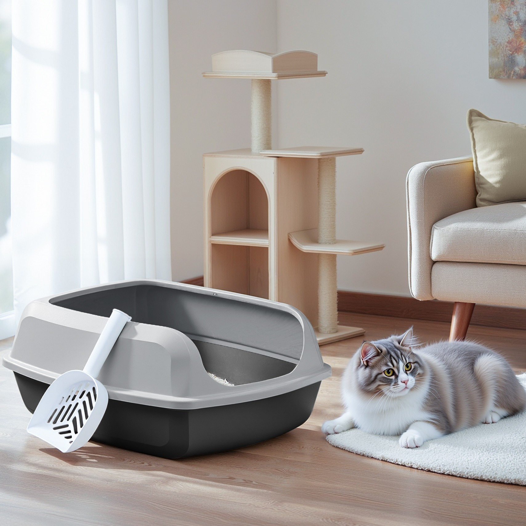 Litter Box With High , Xxl, 56 X 42 .5 Cm Toilet, With Scoop, For Kittens And Large Cats