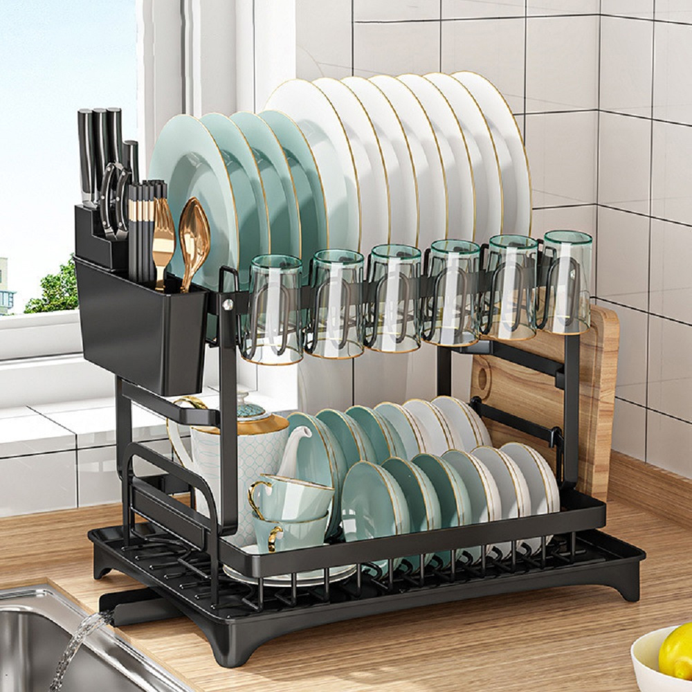 TEMU Escurridor de platos de 2 niveles para encimera de cocina, estante multifuncional para secar platos, organizador de platos de cocina de metal de