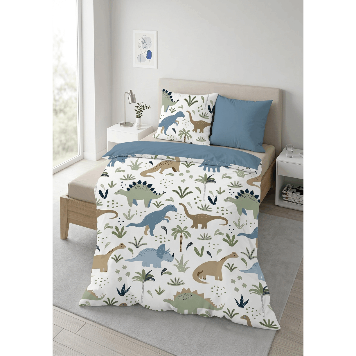 Image of Duvet Cover, Children's Bedding Set, 100% Cotton, White And Blue, Dinosaur, Bedding, Duvet Cover, Kids, Dino