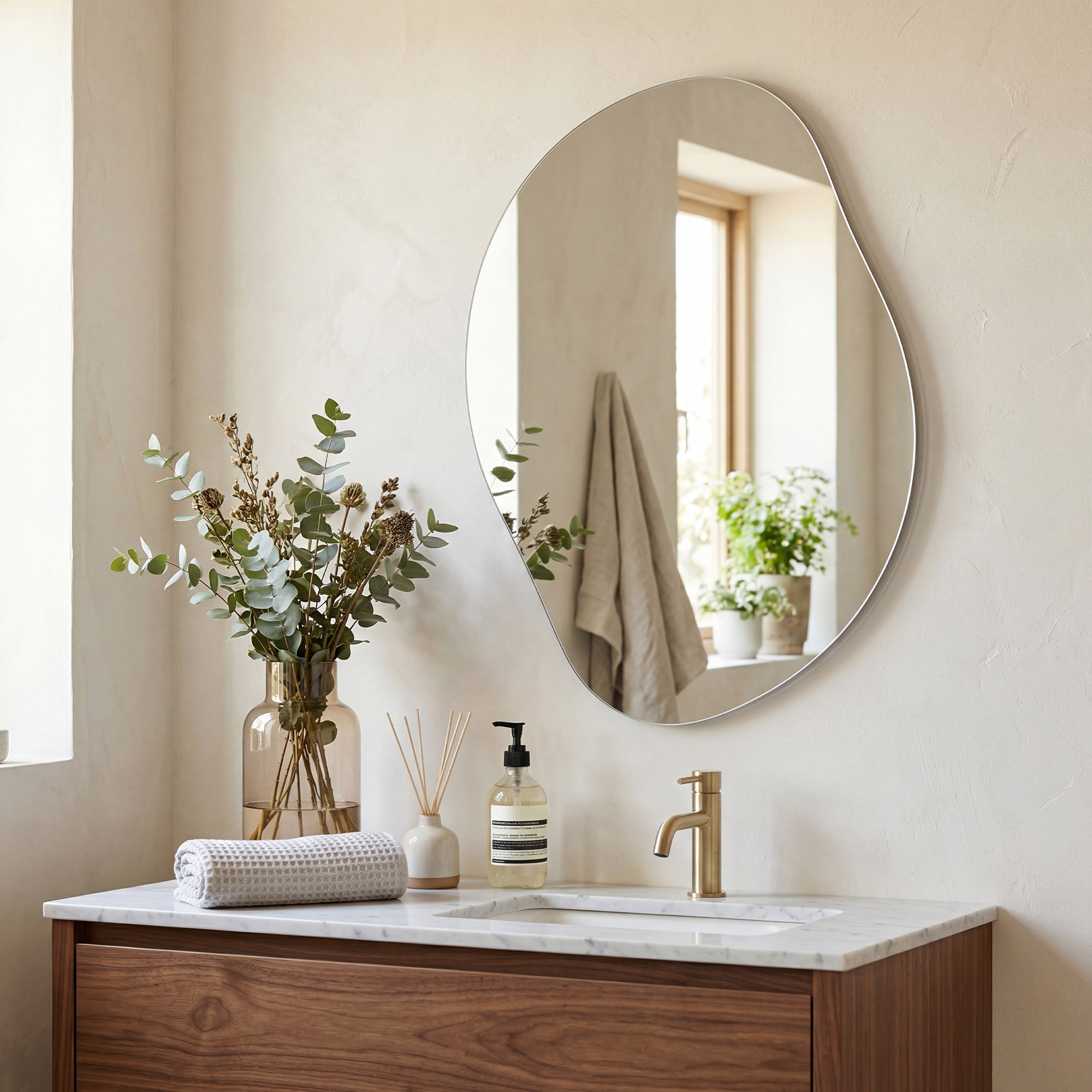 Asymmetrical Mirror, Irregular Wall Mirror, Petal Shape Mirror, 60 X , Decorative, Frameless, For Entryway, Bedroom, Bathroom