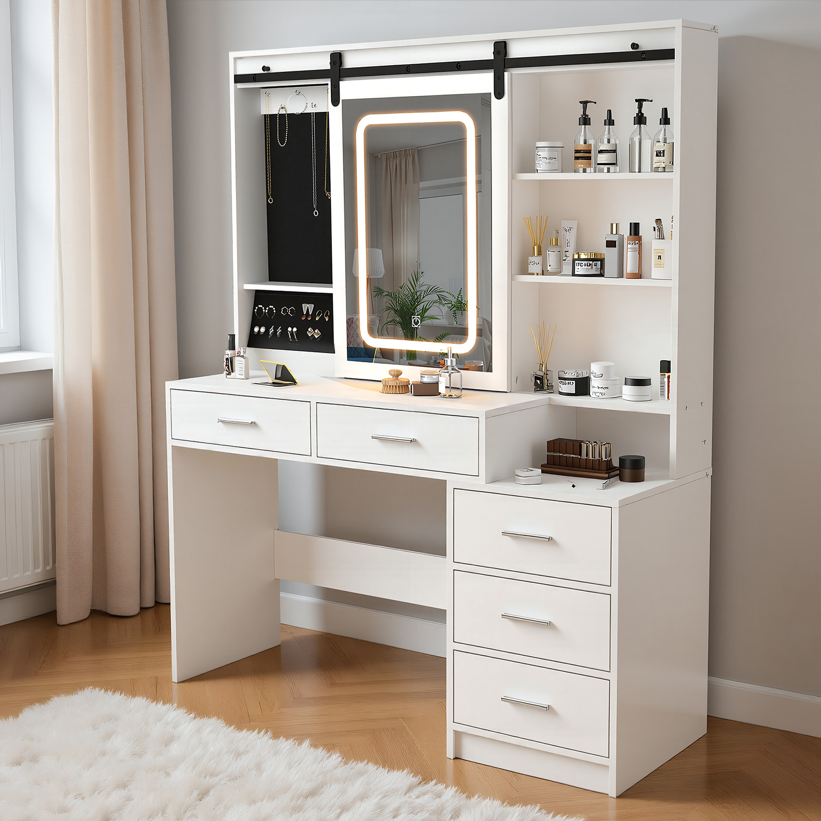 Image of Large Makeup Table With Mirror And Stool, Cosmetic Table Dresser With 5 Drawers, 4 Open Shelves And 5 Jewelry Hooks, Dressing Table With Led Lighting For Bedroom, 120x40x150cm, White