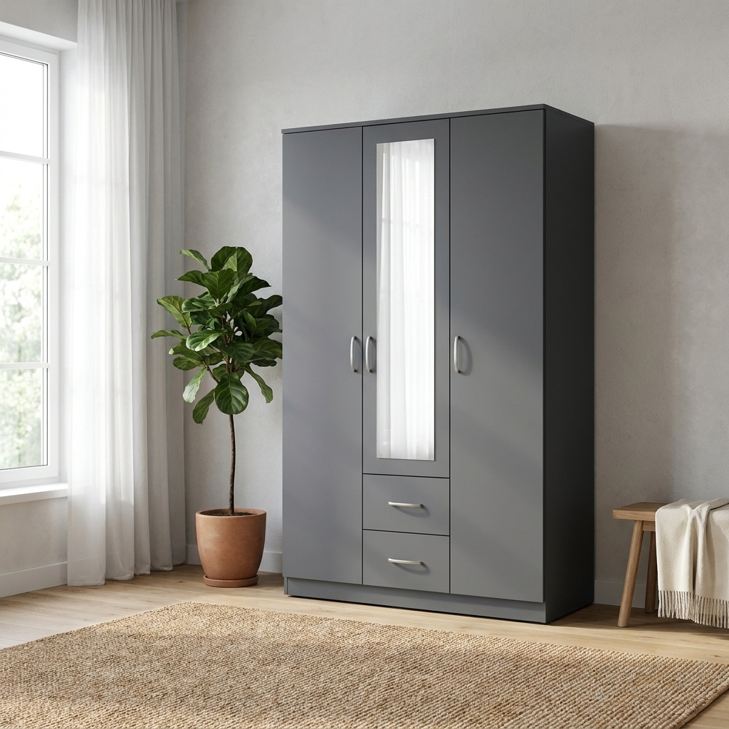 TEMU Dark Grey 3 Door 2 Drawer Mirrored Triple Wardrobe Bedroom Furniture Storage Hanging Rail
