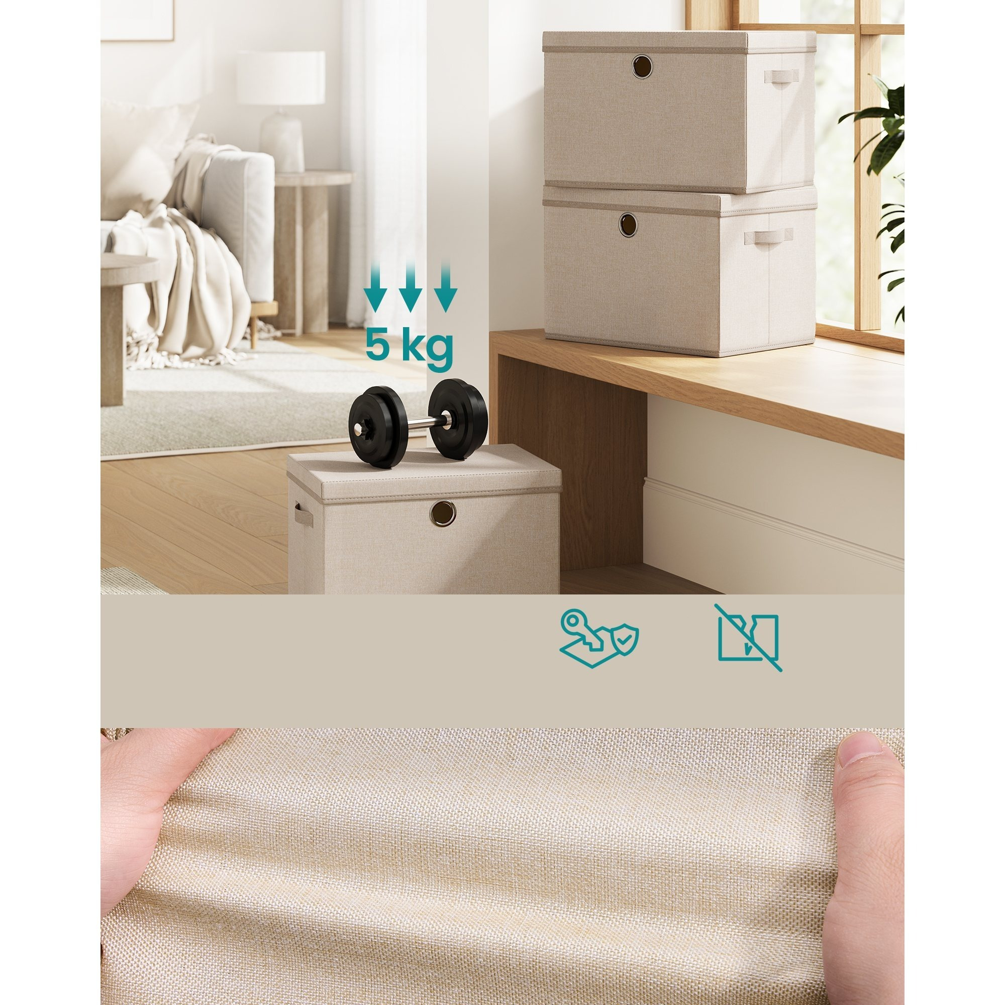 Image of Storage Boxes With Lids, 3pcs Set, Organizer Boxes With Pp Plates, Odorless, Foldable, Stackable, Fabric Boxes With Handles, 43 X 30 X 30 Cm