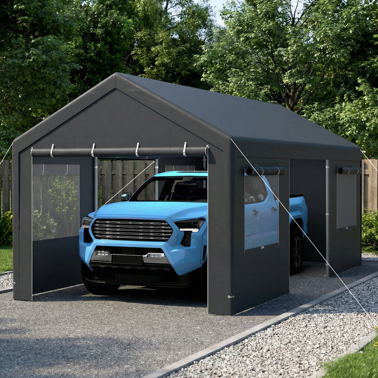 Image of Carport, 305 X 590cm Heavy-duty Car Canopy With Roll-up Ventilated Windows & Removable & Doors, Metal Frame, Pe Tarp, Outdoor Car Shelter For Truck & Party