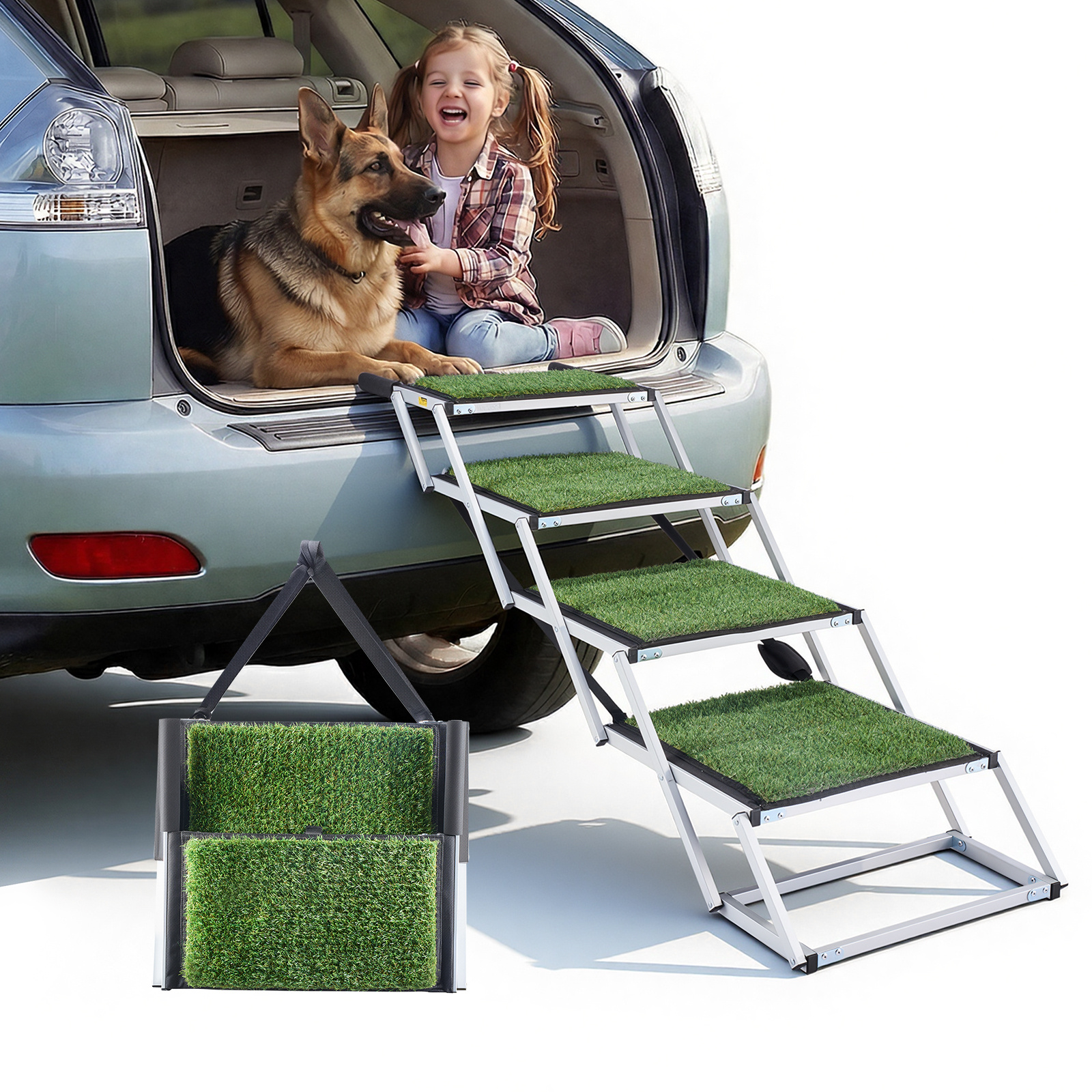 Image of Vevor Dog Stairs For Car, Extra Wide Foldable Dog Ramp For Large Dogs With Non-slip Surface, Portable Lightweight Pet Stairs Ladder For Car, Suv, Truck, High Bed, Sofa, Support Up To 200 Lbs