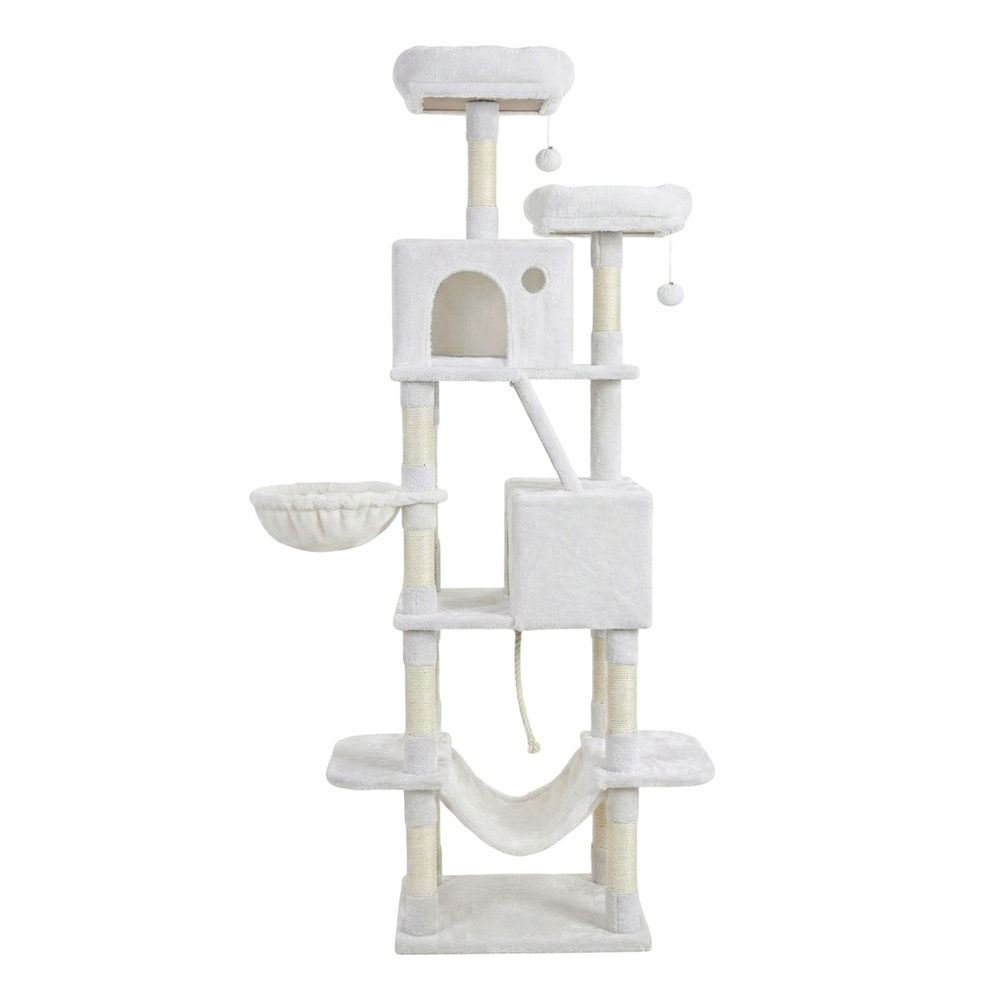 Image of Scratching Post 203.5 Cm High, Cat Tree, With 13 Scratching Columns, 2 Platforms, 2 Caves, Basket, Hammock, White