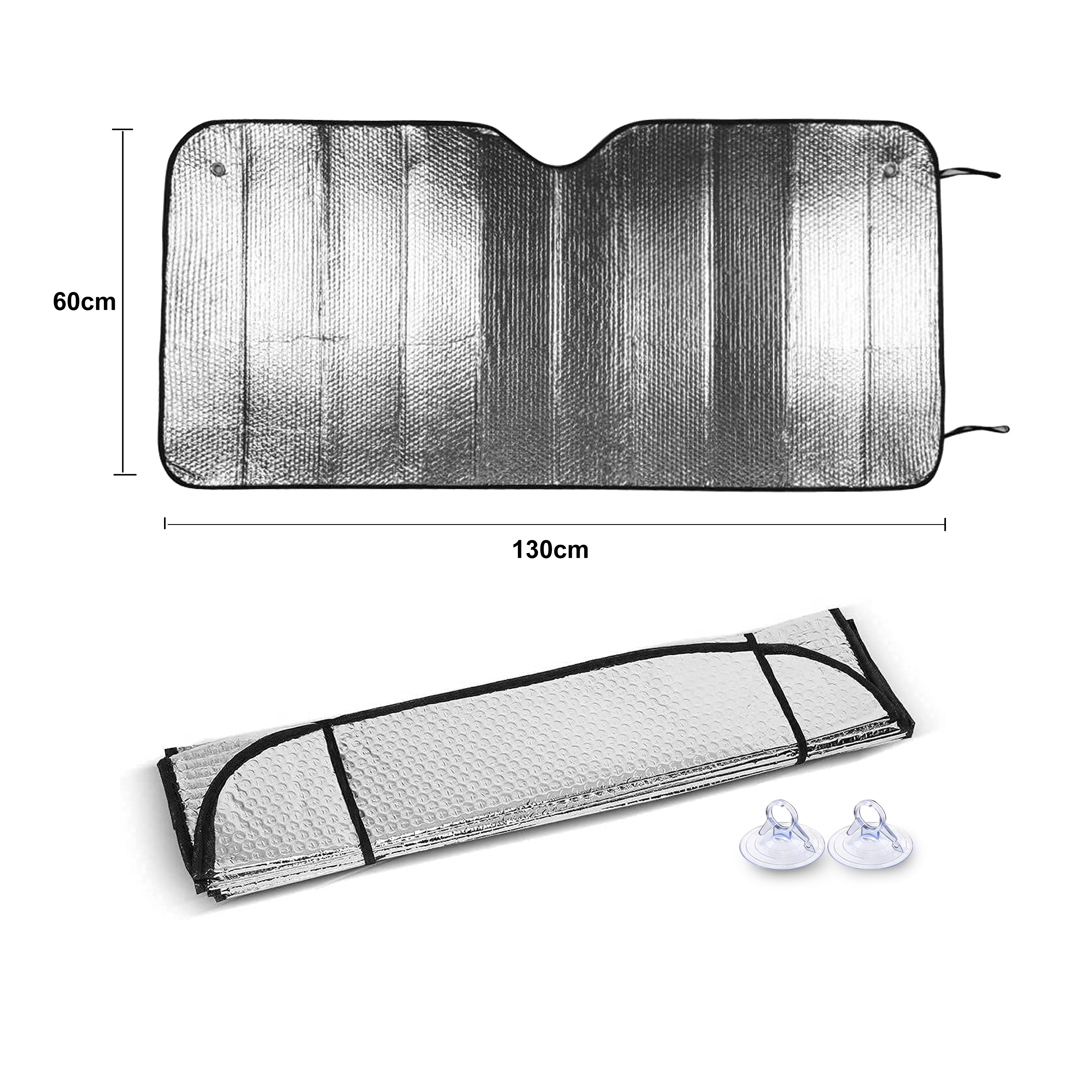 TEMU Parasol para parabrisas de coche 130×60 cm, aluminio , con ventosas y banda elástica, plegable, protector solar térmico UV para automóvil