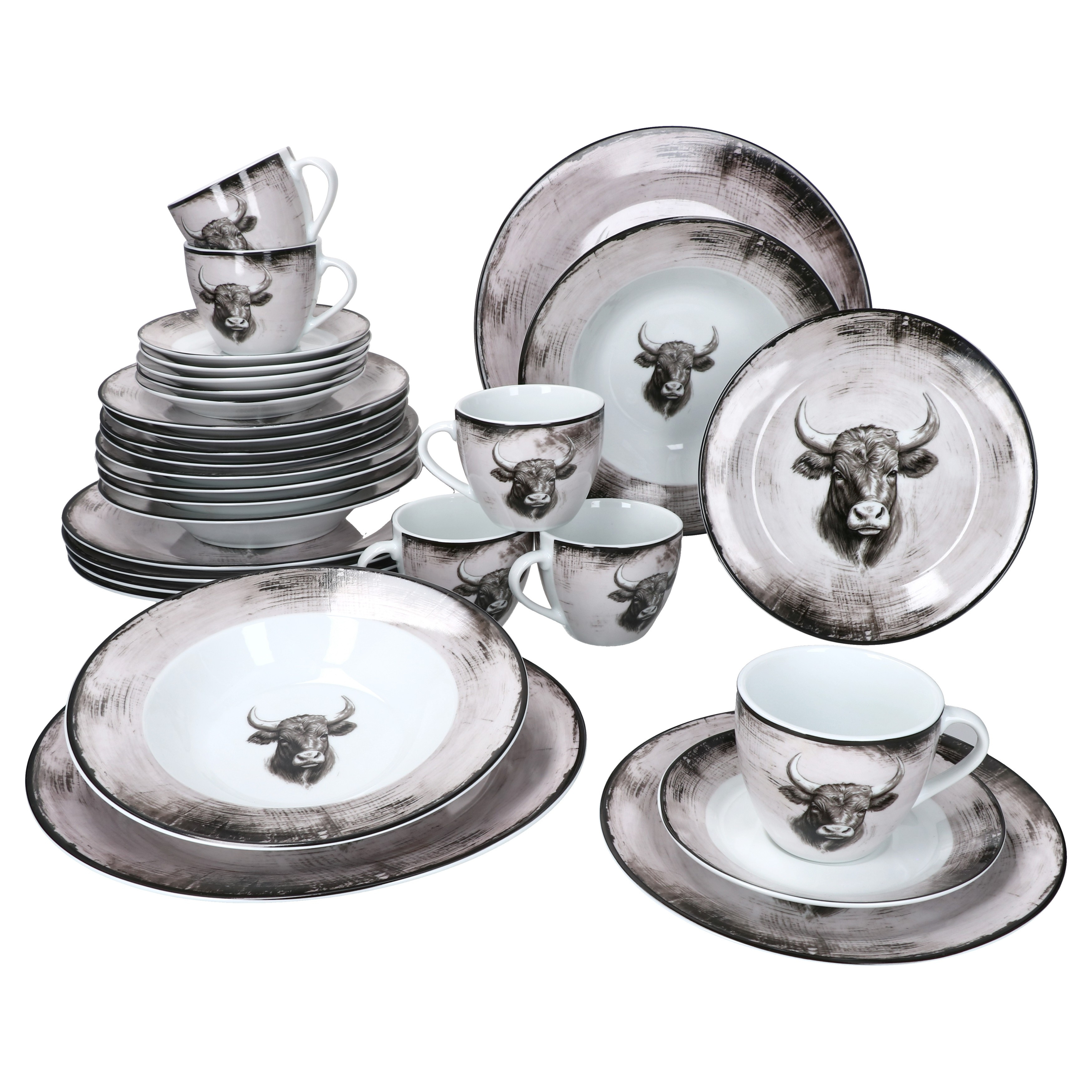30-piece Porcelain Dinnerware Set With Cow Motif For 6 People
