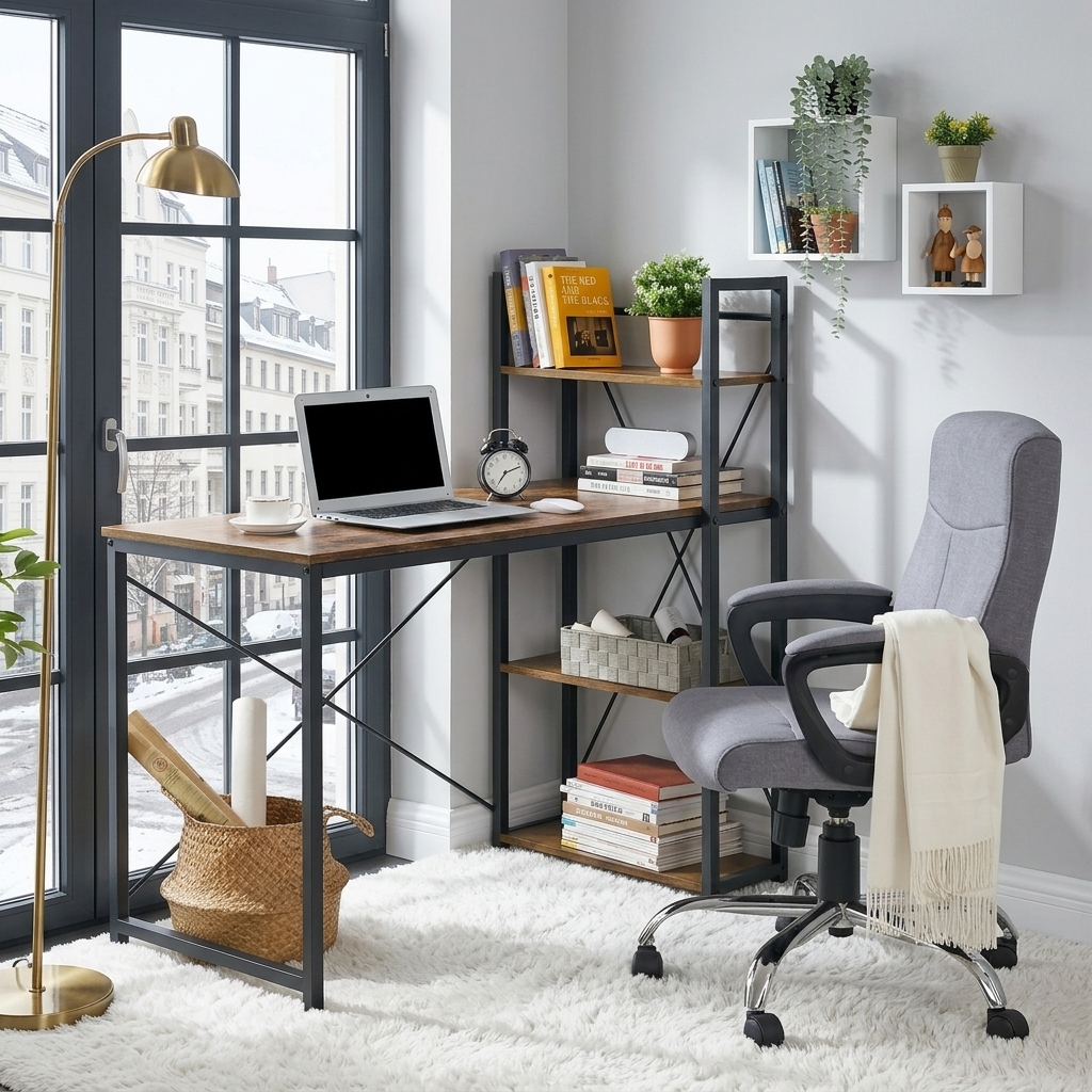 E-shop Tisch, Schreibtisch mit Regal, Computertisch, Bürotisch, für Arbeitszimmer, Homeoffice, braun-schwarz