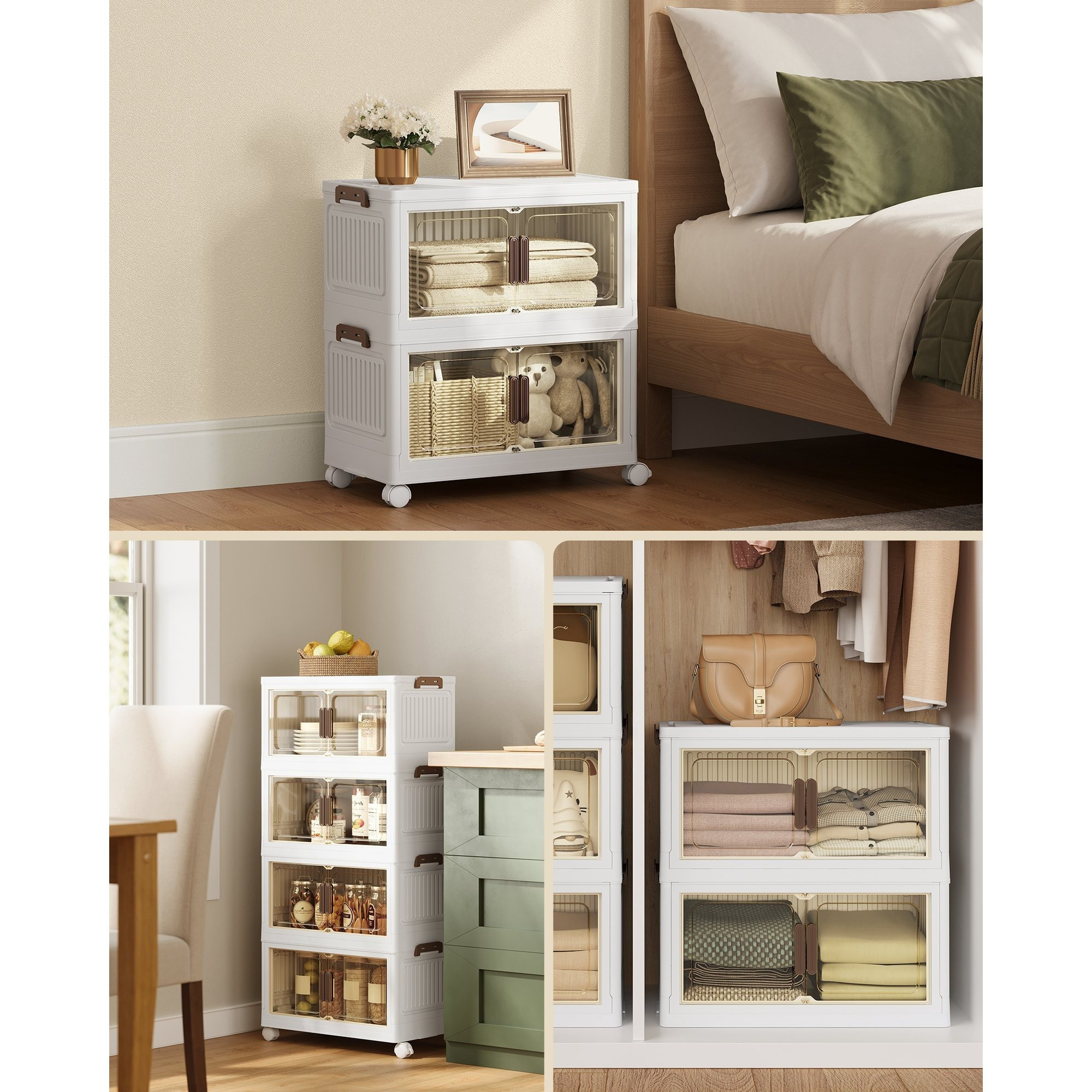 Storage Boxes, 4-tier Organizer With 1 Lid, Stackable Boxes On Wheels, Plastic Boxes, Magnetic Door, Organizer Boxes, White, 45l Per Tier, 180l Total