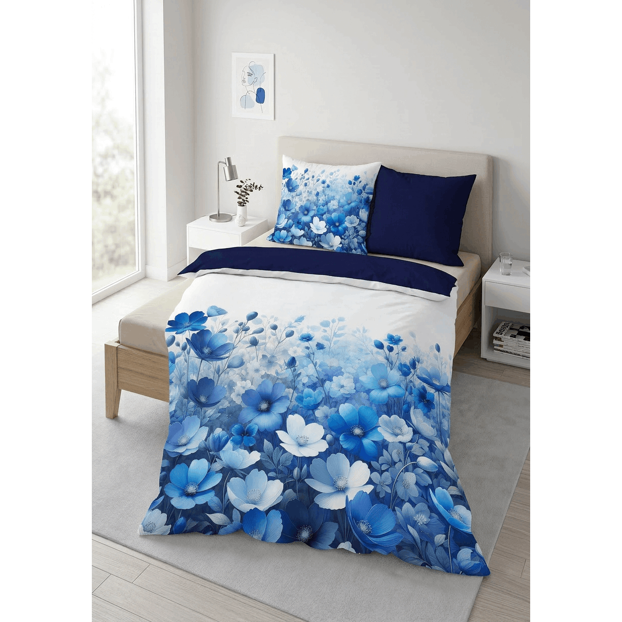 Bed Sheet Set, Reinforced, Blue Floral Pattern,, White And Navy Blue, Bed Sheet Set