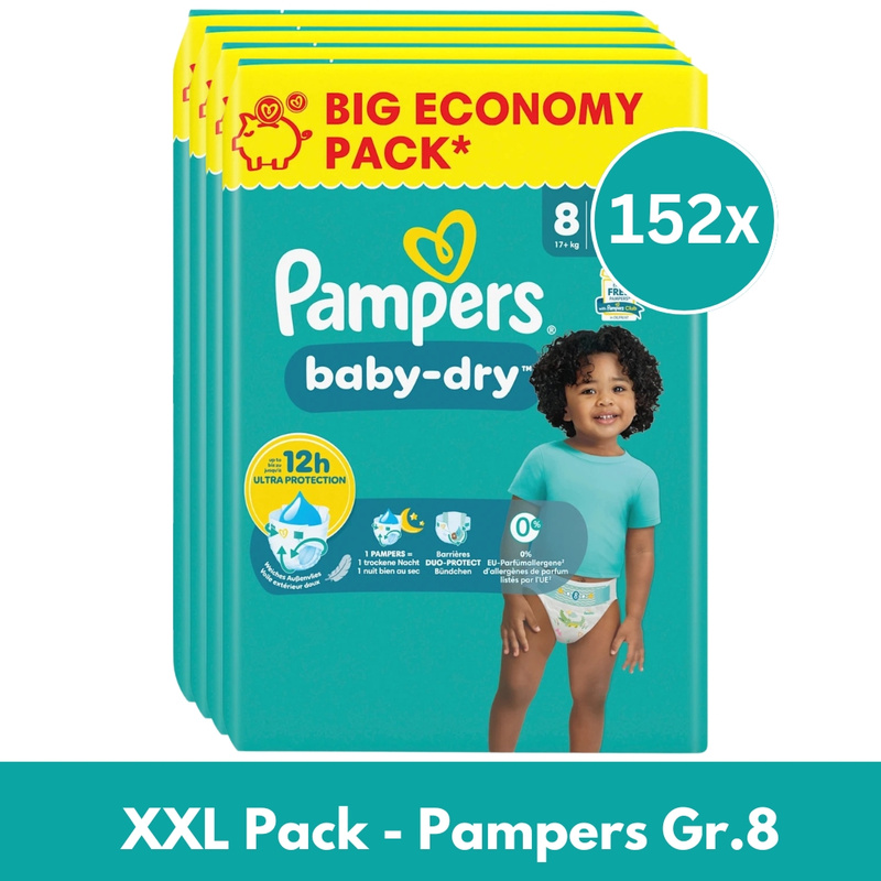 Baby Dry Diapers Size 8 Extra Large | 4-pack Set (152pcs) | 17+ Kg | Protection | -tex Certified