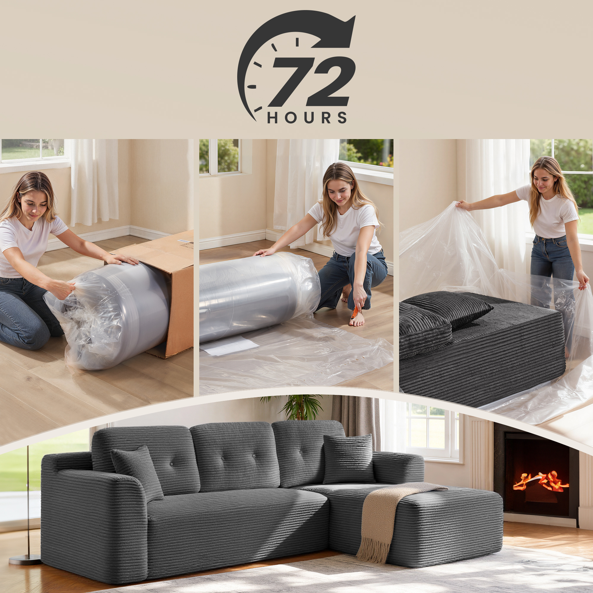 TEMU Canapé d'angle, canapé 244 cm, livré compressé en colis, , avec grande méridienne à droite, pour salon, chambre d'amis