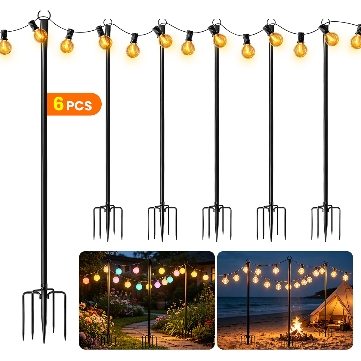 Image of 6pcs String Light Poles, Deck String Rods, Wind-resistant Holder, , Outdoor Light Poles For Patio, Driveway, Porch, Terrace, Balcony, Fence, Garden, Yard, Lawn